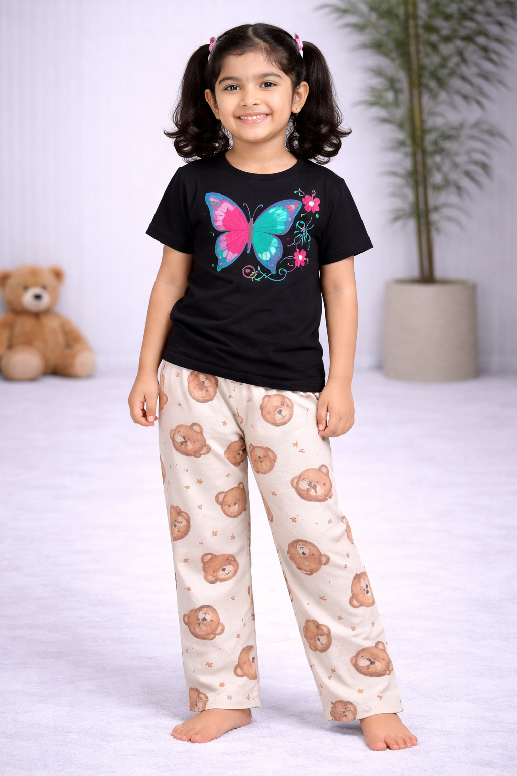 Premium Cotton Contrast Half Sleeves Pajama Set (Black Butterfly -Large Deddy)