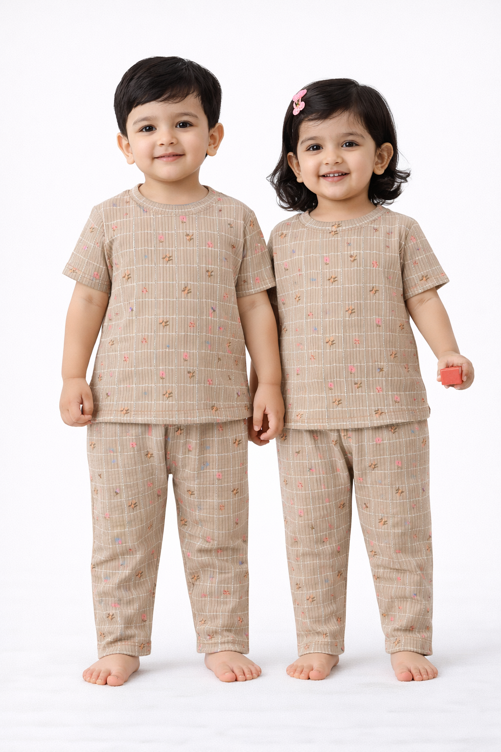 Premium Ribbed Half sleeves Tshirt with Pant (Small Floral Checks)