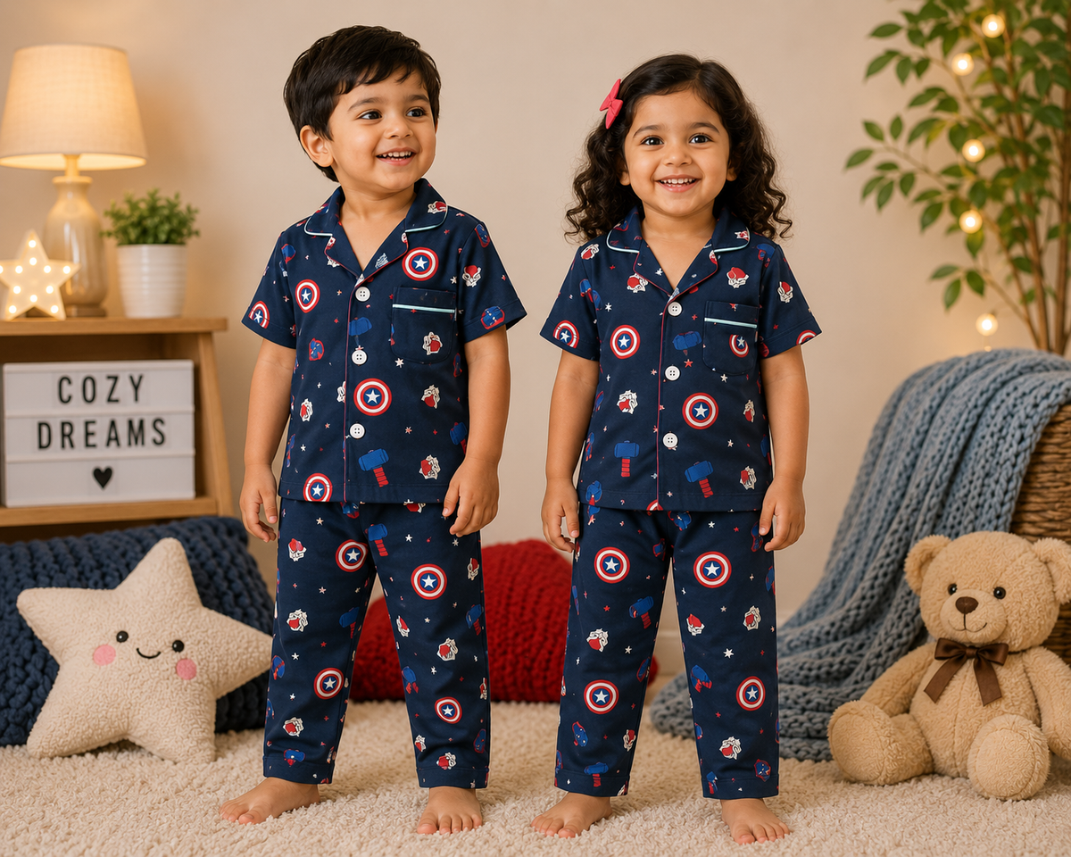 Premium Cotton Collar Half Sleeves Night Suit Sets (Navy Red Star)