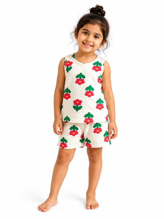 Sleeveless Shorts Sets(Cream Red Flower)
