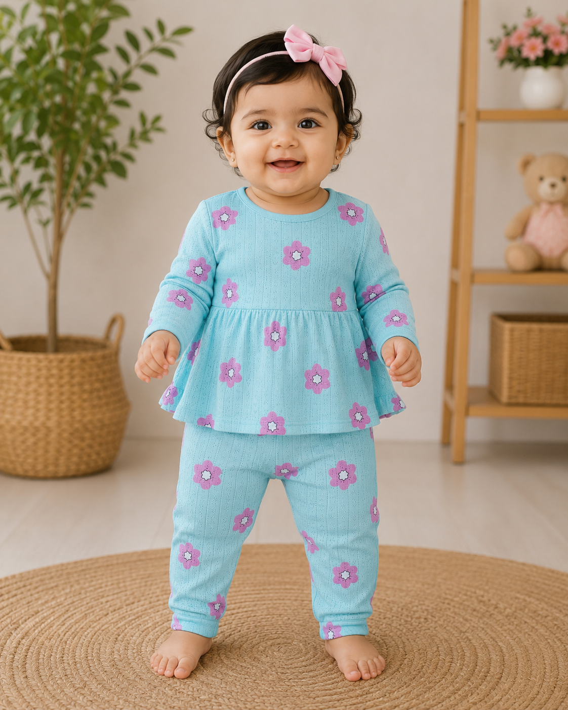 Full Sleeves Frocks Sets ( Cyan Pink Flower)