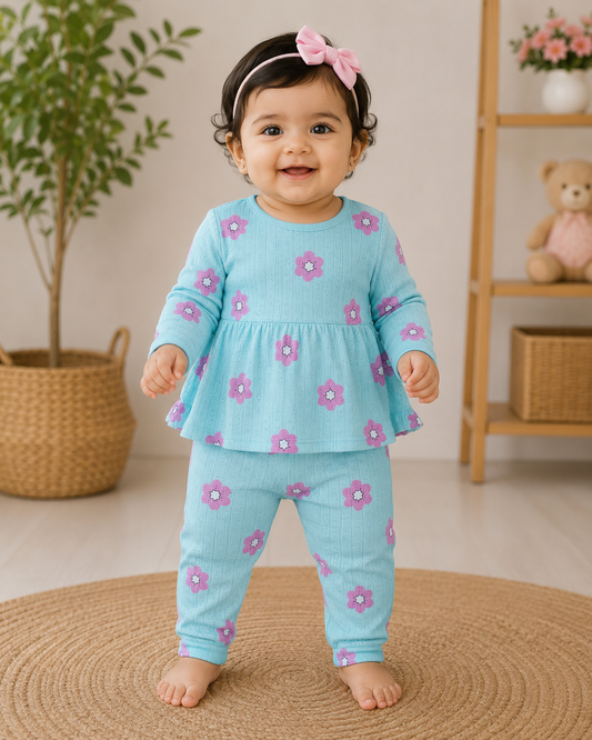Full Sleeves Frocks Sets ( Cyan Pink Flower)