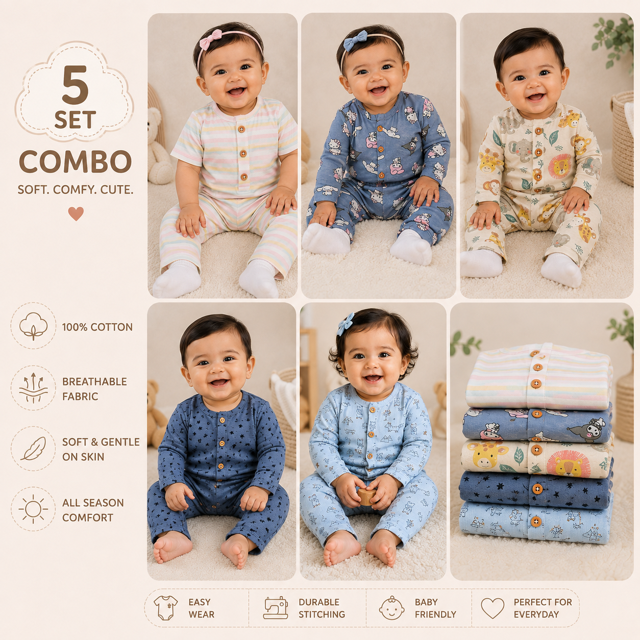 Front Open Sets Combo – Pack of 5 @ ₹999 | 0–2 Years