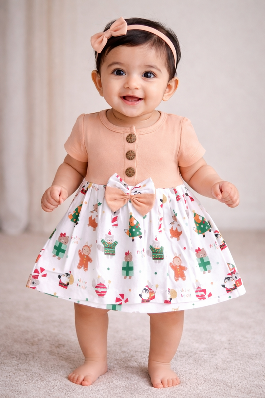 Cotton Front Button Bow Frocks(Orange "Shine Bright")