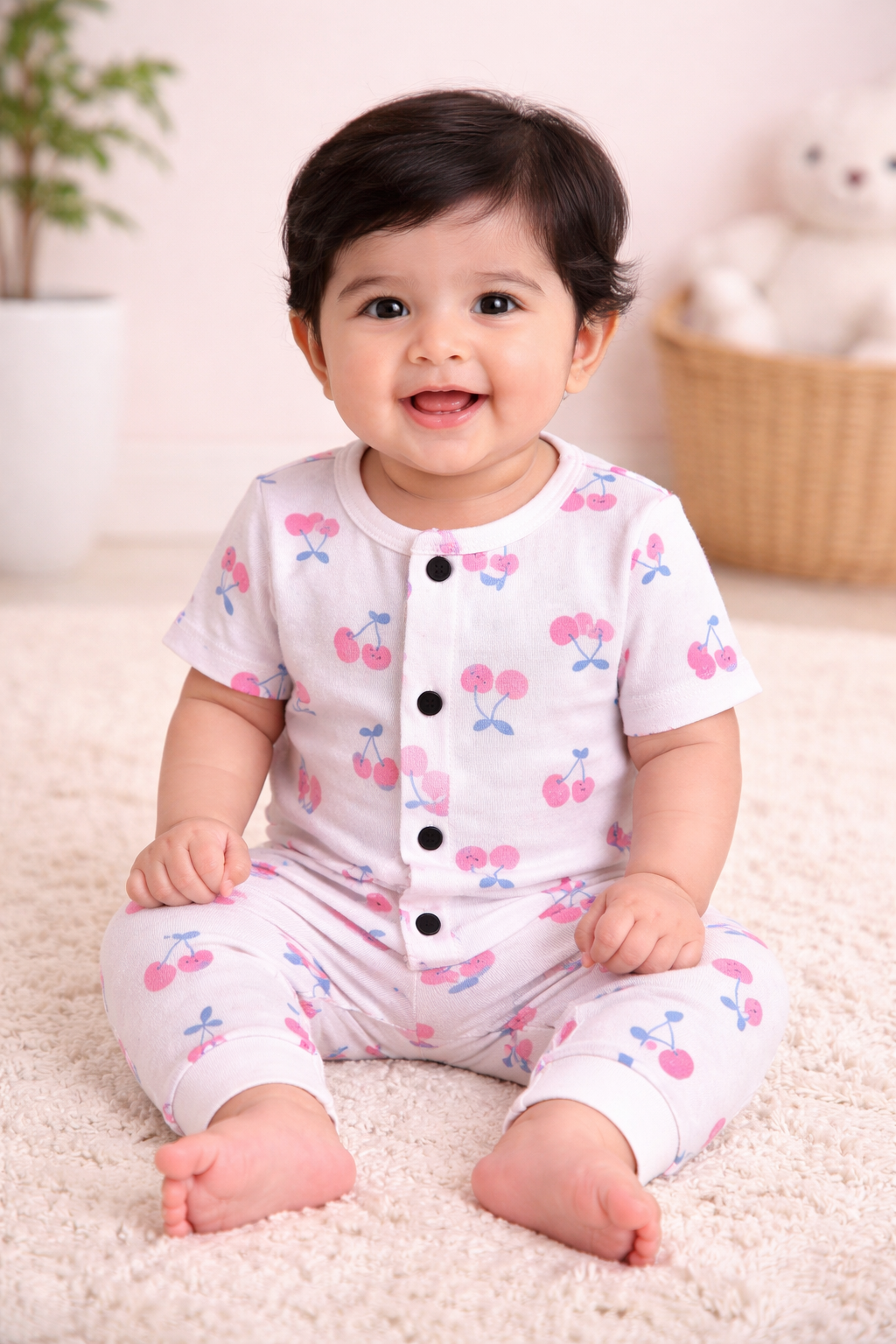 Front Open Half sleeves Cotton Tshirt with Pant (Cherry Clouds)