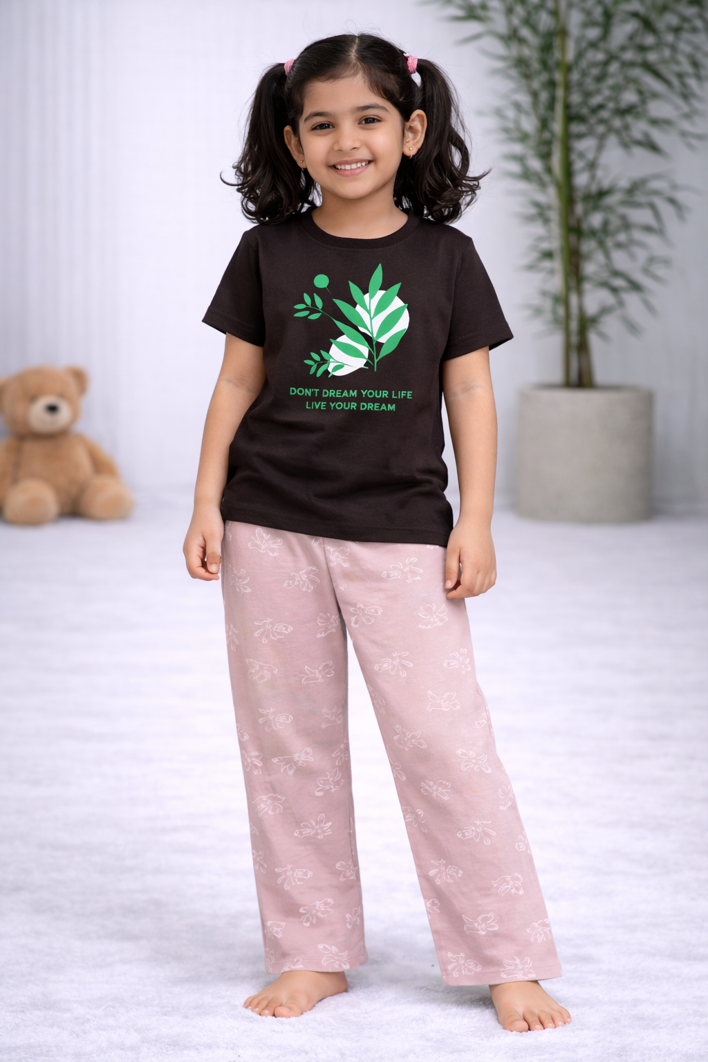 Premium Cotton Contrast Half Sleeves Pajama Set (Brown Flower- Peach Rabbit)