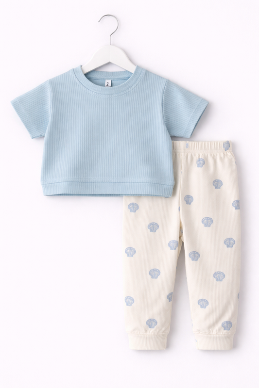 Premium Ribbed Half sleeves Tshirt with Contrast Pant( Blue Parachute)