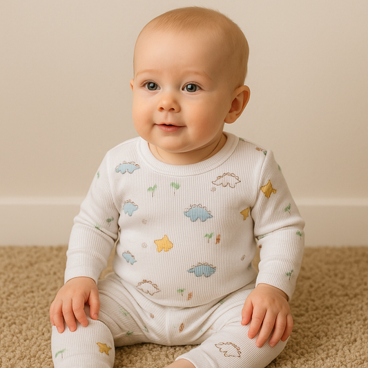 Premium Full sleeves Ribbed Tshirt with Pant (White Small Dino)