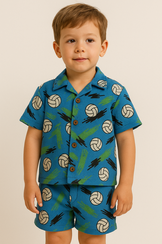 Shorts Sleeves Collared Tshirt with Shorts Sets (Blue Ball)