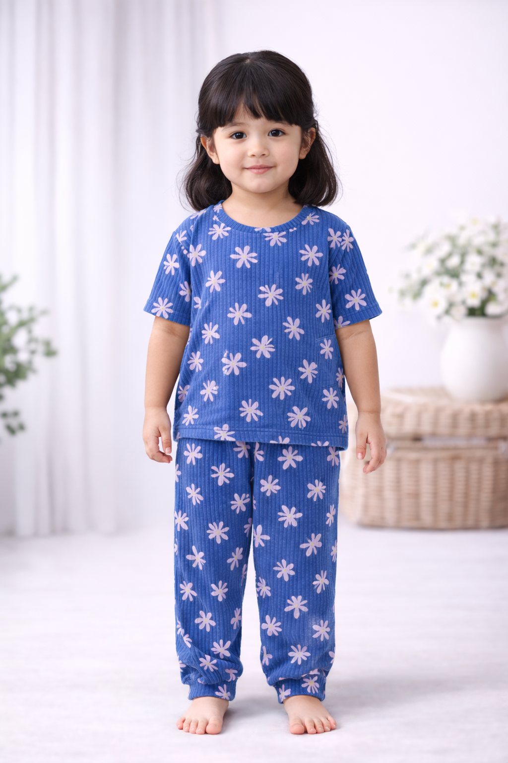 Premium Ribbed Half Sleeves Pajama Set (Blue Polka)