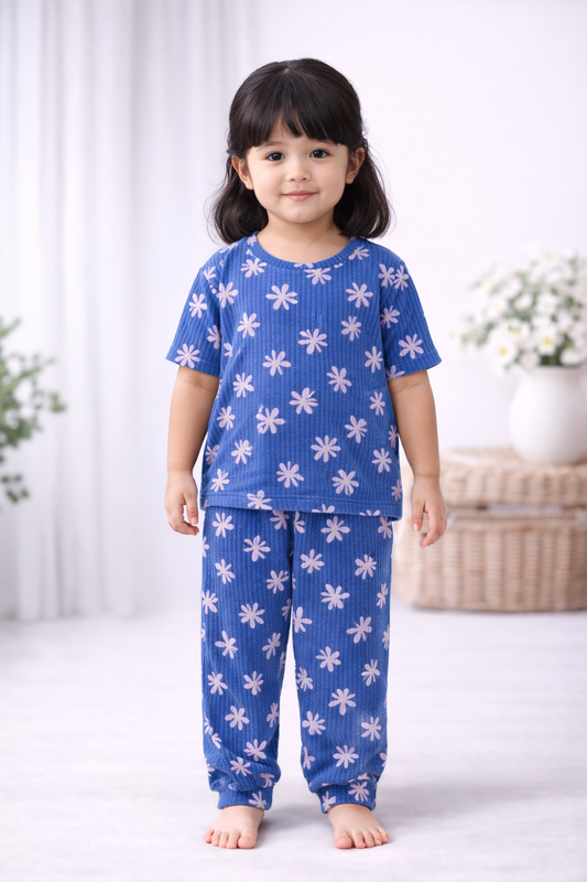 Premium Ribbed Half Sleeves Pajama Set (Blue Polka)