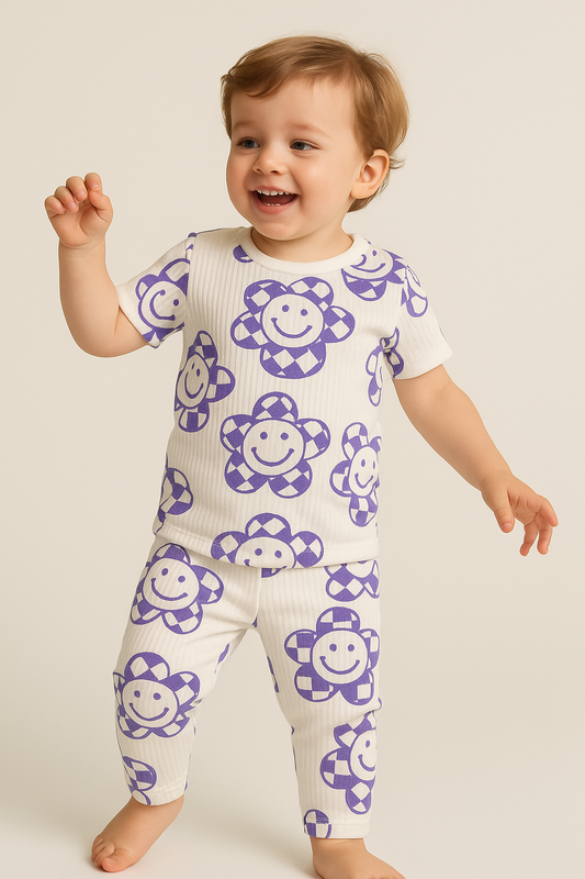 Premium Ribbed Shorts sleeves Tshirt with Pant (Purple Smiley) (2-4 Yrs)