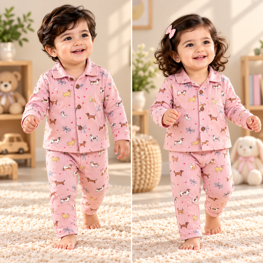 Kids’ Ribbed Collar Full-Sleeve Night Suit – Bow-Bow (NS005)
