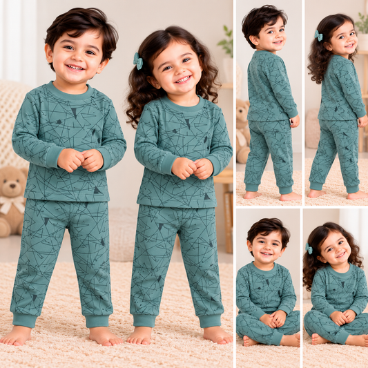Premium Soft Cotton Full sleeves Tshirt with Pant (Green Shapes)