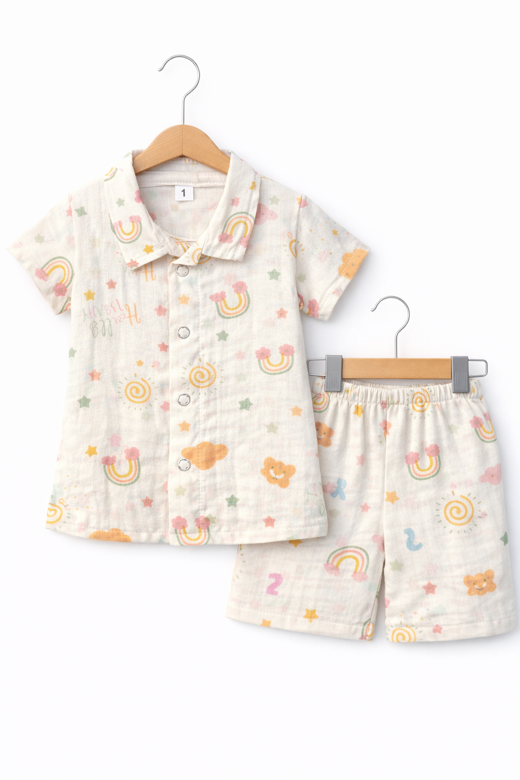Airport - Kids Muslin Co-ord Set – Front Open Collar Shirt & Shorts (Cream Rainbow)