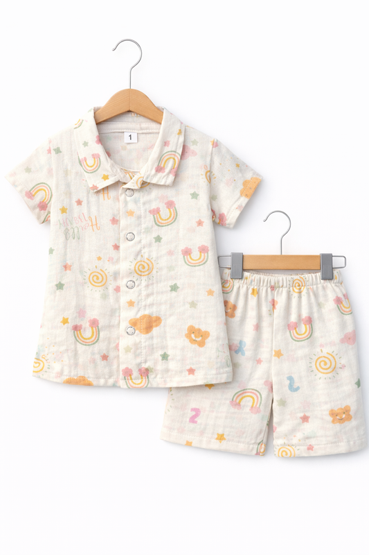 Airport - Kids Muslin Co-ord Set – Front Open Collar Shirt & Shorts (Cream Rainbow)