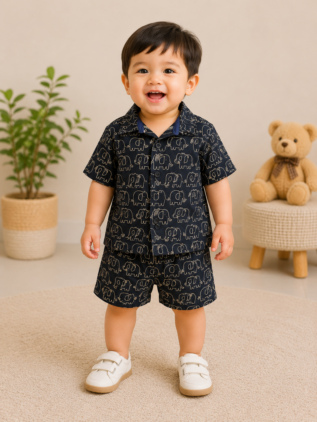 (M004) - Airport - Kids Co-ord Set – Front Open Collar Shirt & Shorts (Black Elephant)