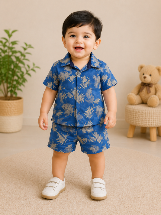 (M003) - Airport - Kids Co-ord Set – Front Open Collar Shirt & Shorts (Blue Leaf)
