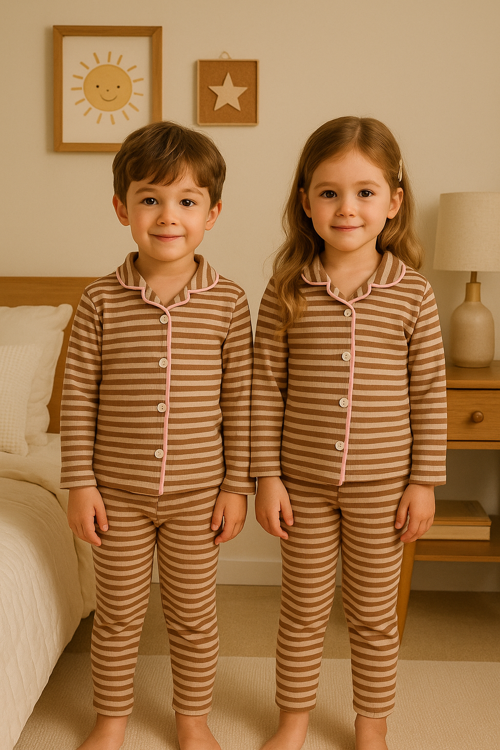 Kid's Collar night Suits (Brown Stripes)