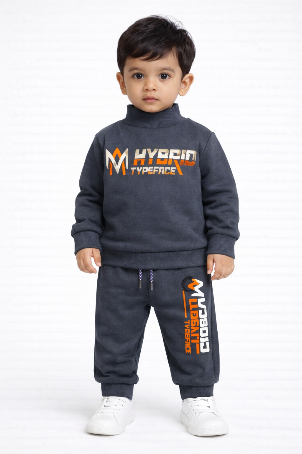 Premium Winter High Neck Pant Set For Kids(Indigo-Typeface)