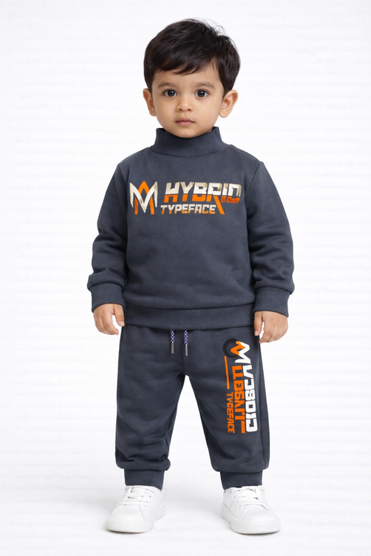 Premium Winter High Neck Pant Set For Kids(Indigo-Typeface)