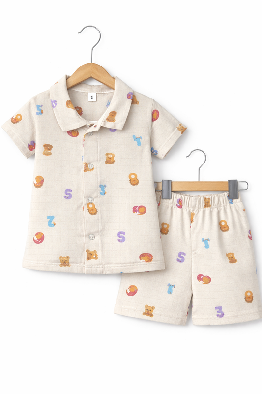 Airport - Kids Muslin Co-ord Set – Front Open Collar Shirt & Shorts (Light Grey Numbers)