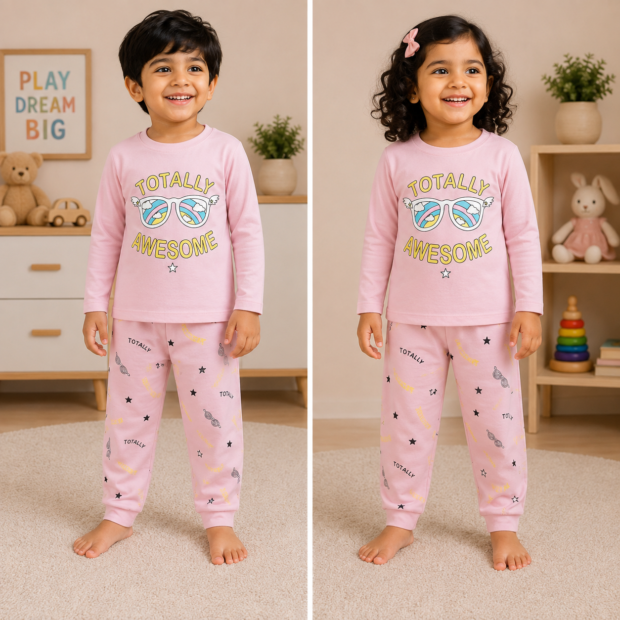 Premium Cotton Full Sleeves T-Shirt with Pant (Light Pink - Totally)