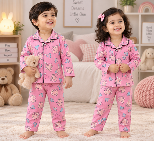 Premium Ribbed Collar full Sleeves Night Suit Sets (Pink Blue Toys)