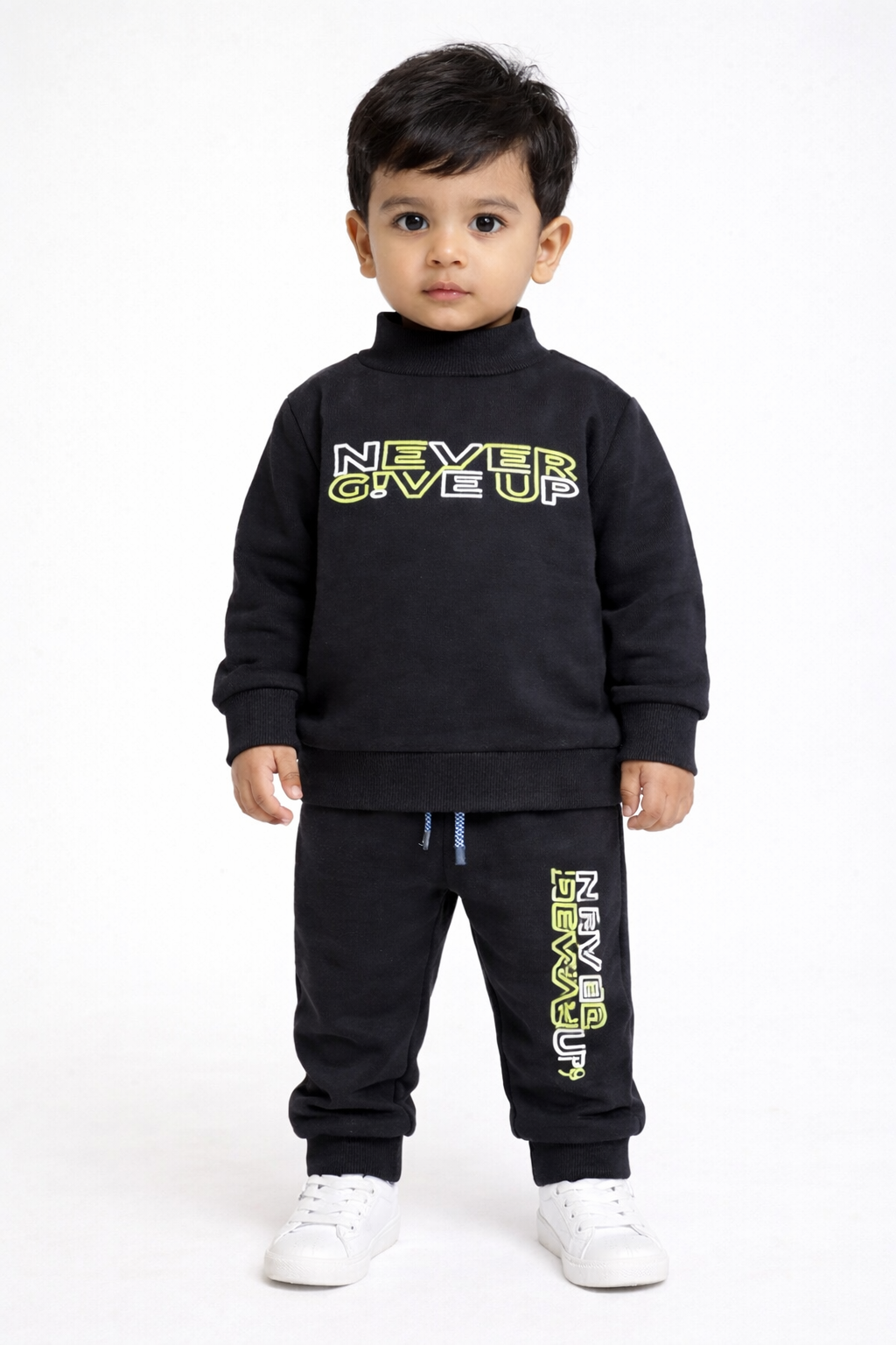 Premium Winter High Neck Pant Set For Kids(Navy Blue-Never Give Up)