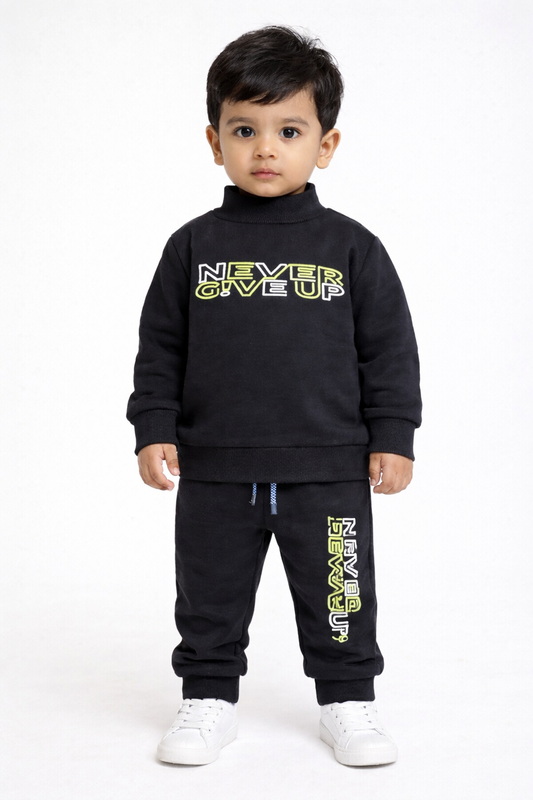 Premium Winter High Neck Pant Set For Kids(Navy Blue-Never Give Up)