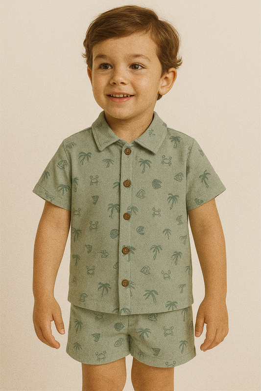 Shorts Sleeves Collared Tshirt with Shorts Sets (Green shade Beach Vibe)