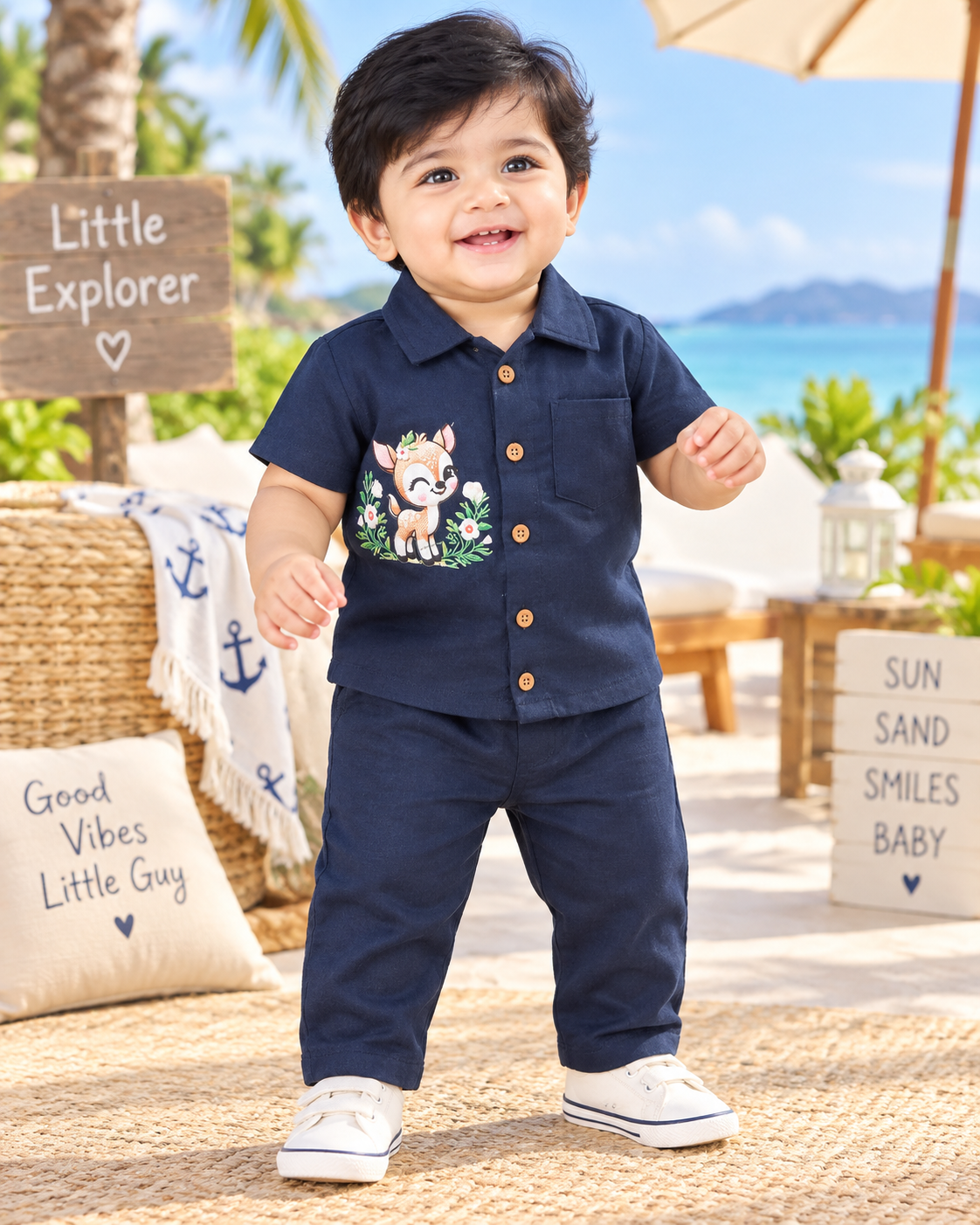 Airport - Kids Muslin Print Collar Shirt & Pant (Navy Cat & Flower)
