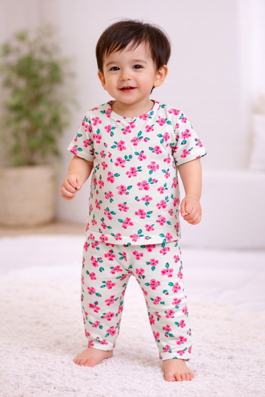 Premium Ribbed Half sleeves Tshirt with Pant (Cute Cute Florals)