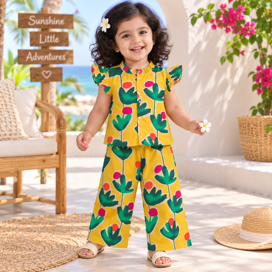 Girls Casual Cotton Printed Frill Top & Pant Co-ord Set (0-11 Yrs) (C057)(Yellow Green)