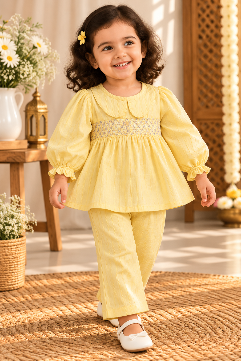 Girls Festive Cotton Printed Peter Pan Collar Co-ord Set (CR002)  (GOLDEN SHOWER)