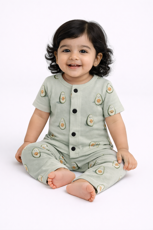 Front Open Half sleeves Cotton Tshirt with Pant (Avacado Penguin)