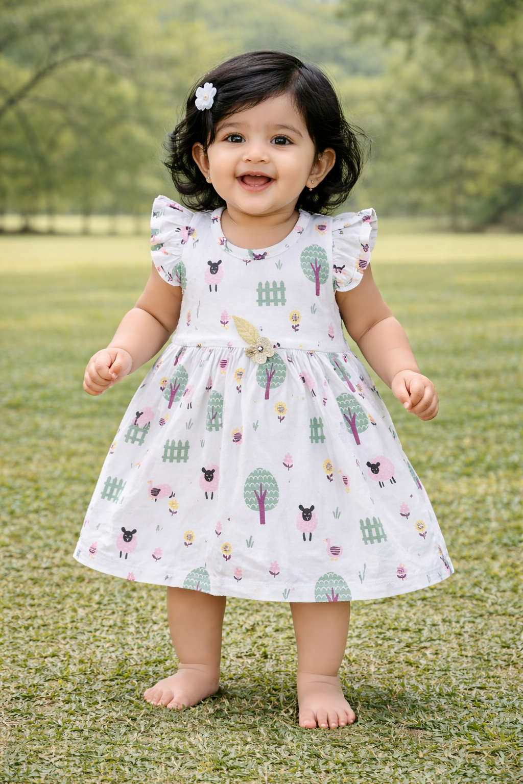 Half Sleeves Frill Frocks with BOW ( White Green Duck)