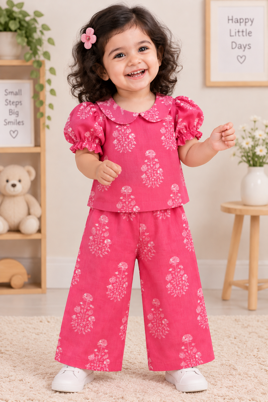 Girls Casual Cotton Printed Peter Pan Collar Top & Pant Co-ord Set (0-11 Yrs) (C052)(Pink )