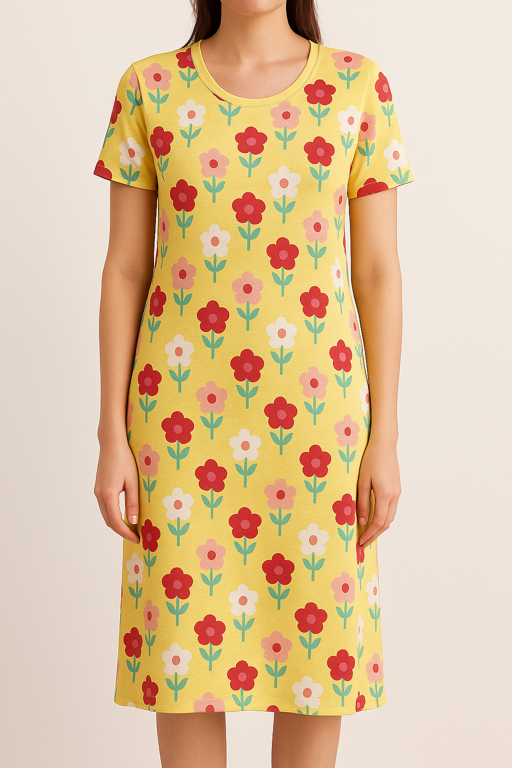 Women's Long POLO A-Line Top (Bright Yellow Flowers)
