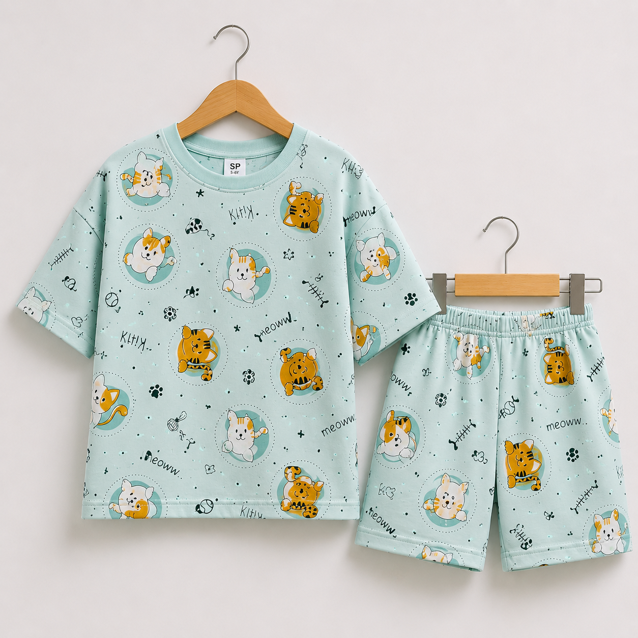 (DS018) - Drop-Shoulder Tshirt & Shorts sets (Light Blue Meow)