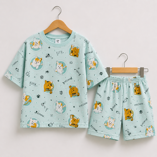 (DS018) - Drop-Shoulder Tshirt & Shorts sets (Light Blue Meow)