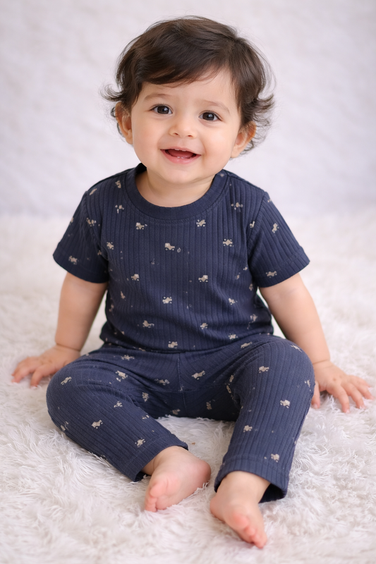 Half sleeves Ribbed Tshirt with Pant (Navy Wavy)