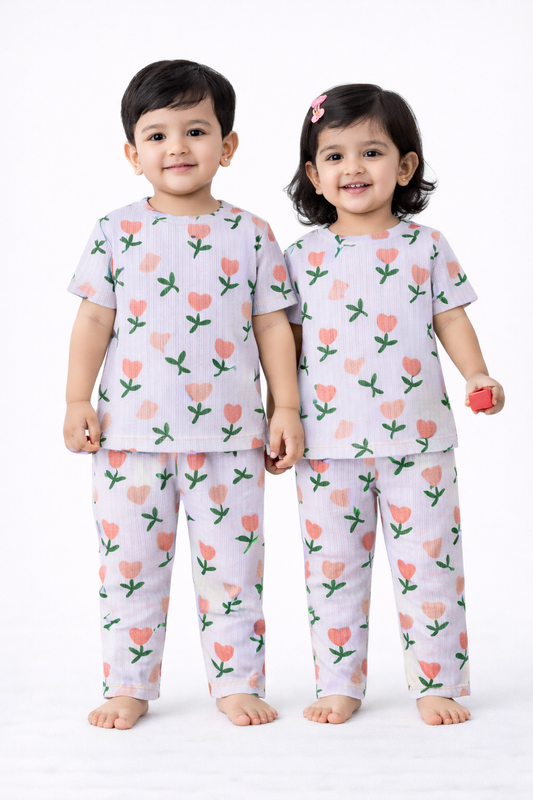 Premium Ribbed Half sleeves Tshirt with Pant (Single Tulips)