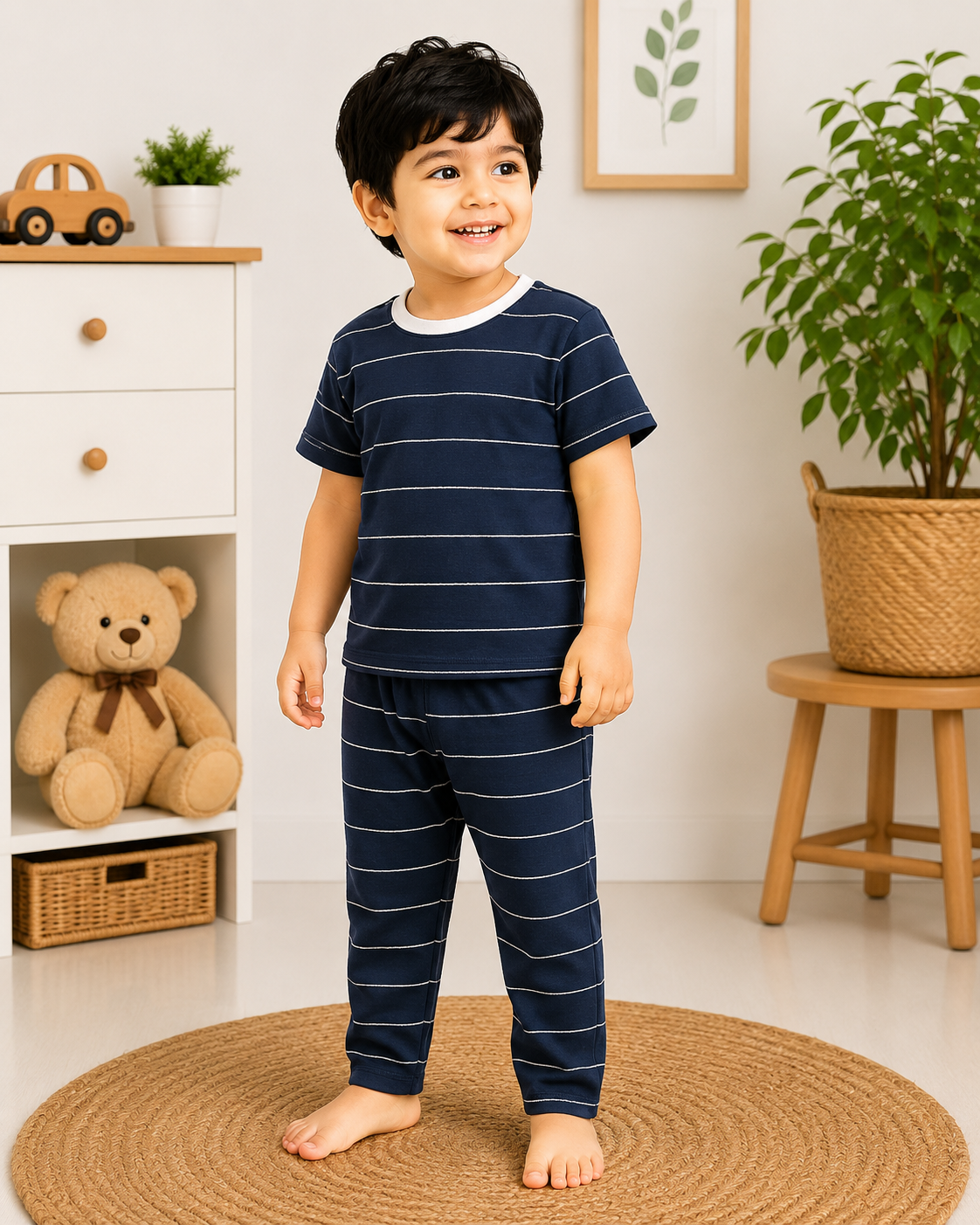 Soft Cotton Half sleeves Tshirt with Pant( Navy White Stripes)