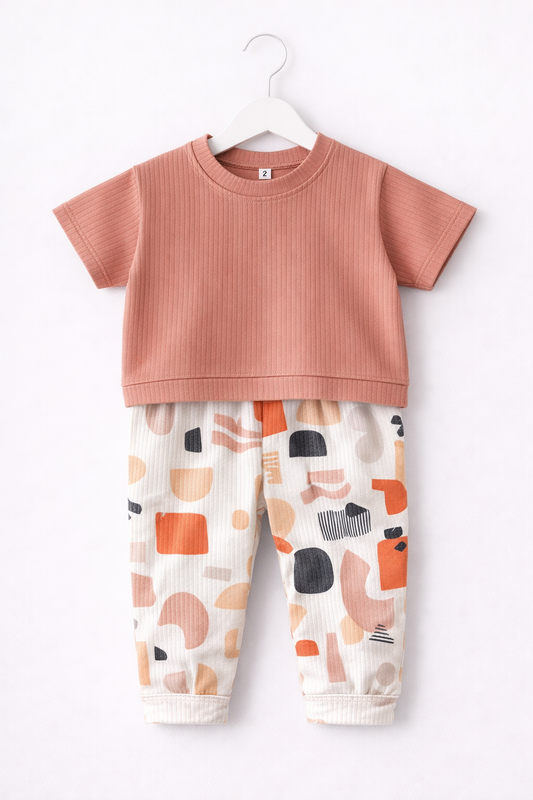 Premium Ribbed Half sleeves Tshirt with Contrast Pant( Brown Colorful Shapes)