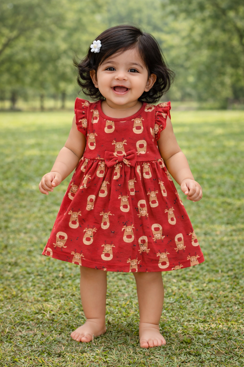Half Sleeves Frill Frocks with BOW (Red Teddy)