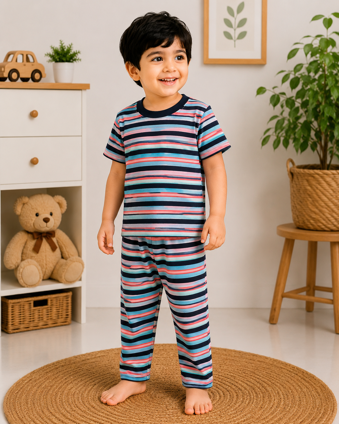 Soft Cotton Half sleeves Tshirt with Pant( Rust Blue Black Stripes)