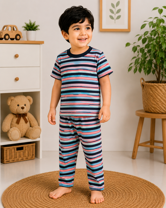 Soft Cotton Half sleeves Tshirt with Pant( Rust Blue Black Stripes)