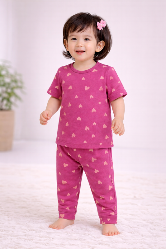 Premium Cotton Half sleeves Tshirt with Pant (Cute Pink Hearts)