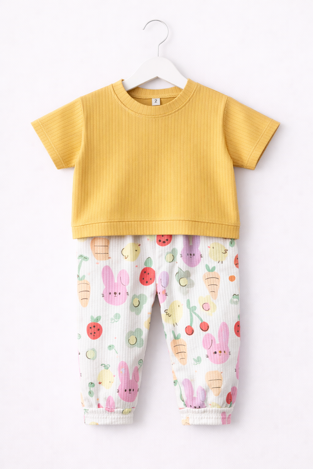 Premium Ribbed Half sleeves Tshirt with Contrast Pant( Yellow Colorful Fruit)